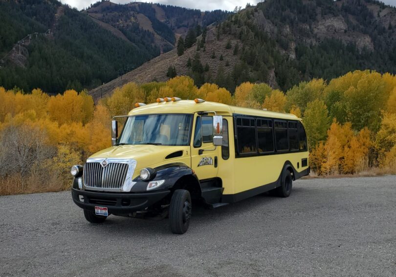 A yellow bus is parked on the side of a road.